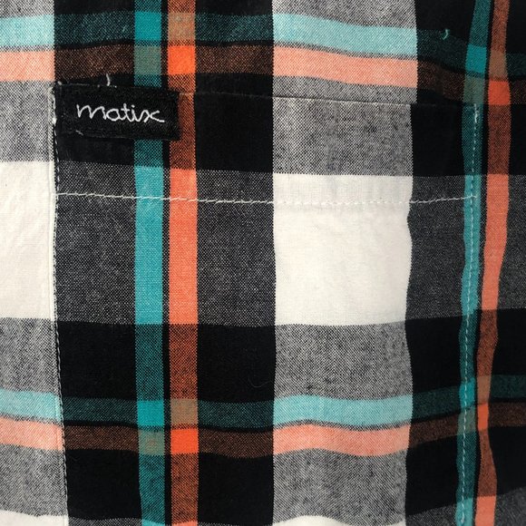 Matix brand green orange black white plaid dress shirt Mens Large fits Medium M - Picture 3 of 6